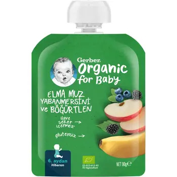 Gerber Organik Elma, Muz, Yabanmersini ve Böğürtlen Püresi 90 gr